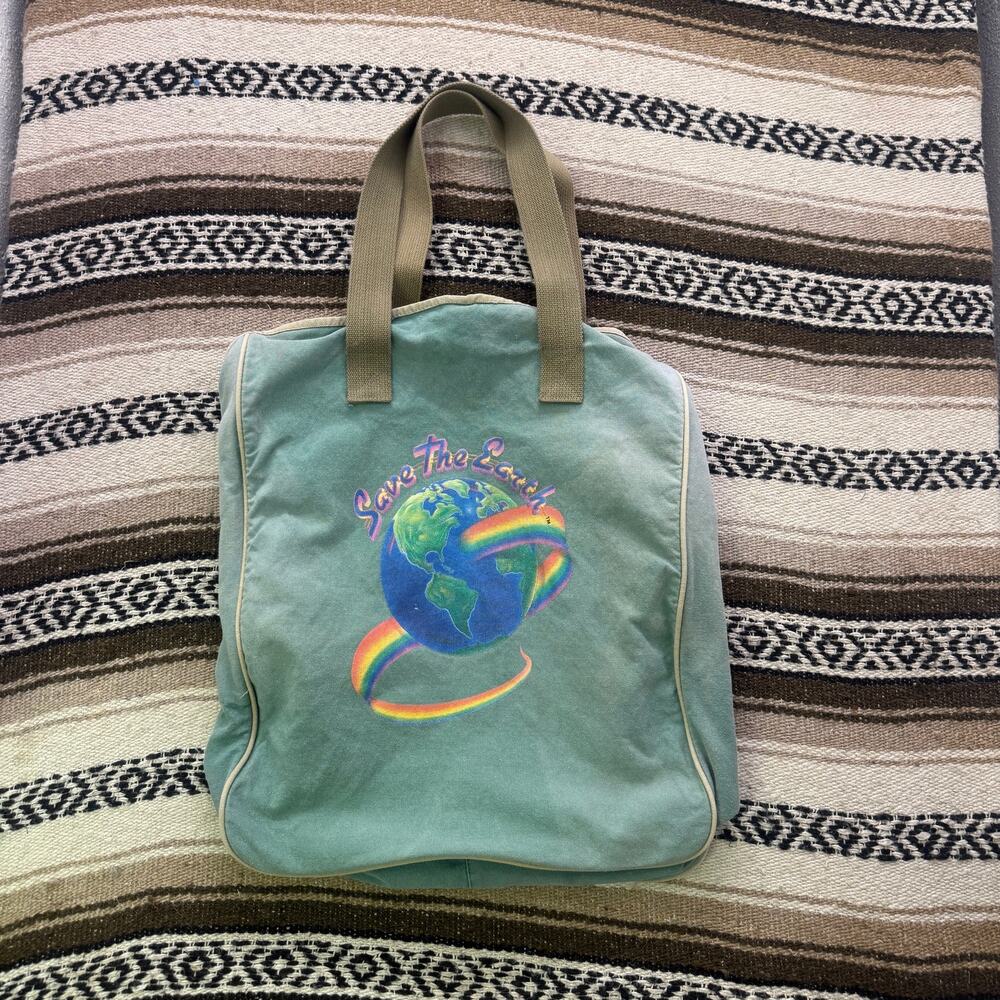 Vintage 90's Save the Earth Planet Green Canvas Medium Tote Bag Shoulder Strap